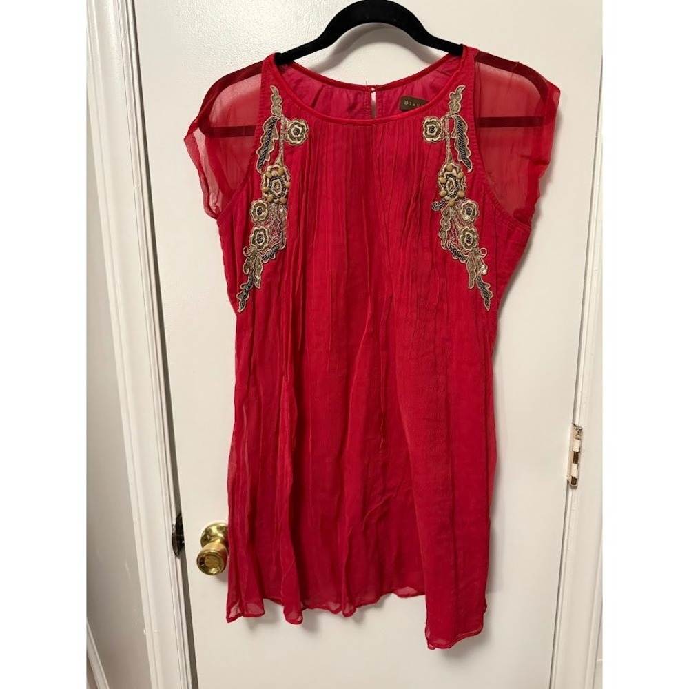 Taurus Red‎ Sheer Embellished Cap Sleeve Dress XL 40